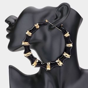 Black and Gold Bamboo Door Knocker Earrings Big Trendy 3.5 Inch